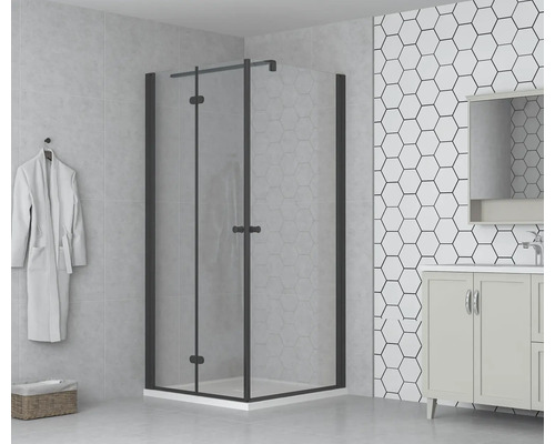 Baie cu cabină de duș cu ușă batantă, lavoar și faianță hexagonală