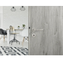 Ușă interioară gri cu feronerie într-un interior modern