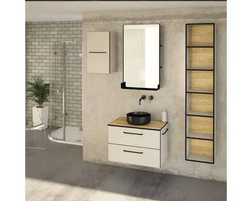 Baie cu dulap inferior pentru lavoar, lavoar așezat, dulap cu oglindă, dulap suspendat și raft