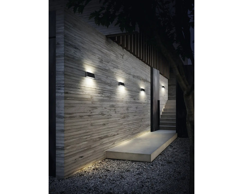 Perete exterior modern cu iluminat, scări și potecă de pietriș