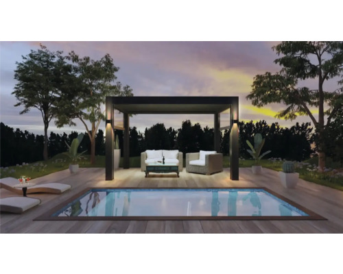 Scenă cu piscină, terasă din lemn, pergolă, mobilier de grădină și plante pentru grădină