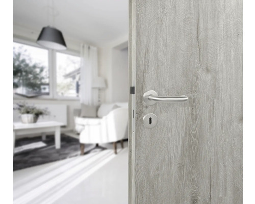 Ușă de interior deschisă cu mâner și încuietoare argintie