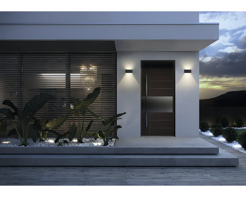 Casă modernă cu ușă de intrare, iluminat exterior și zonă decorativă cu plante