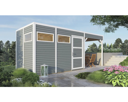 Căsuță de grădină Bertilo Cubo 3 cu podea și terasă 558x234 cm, gri deschis Cabină de grădină modernă cu ferestre, ușă și terasă acoperită în aer liber.