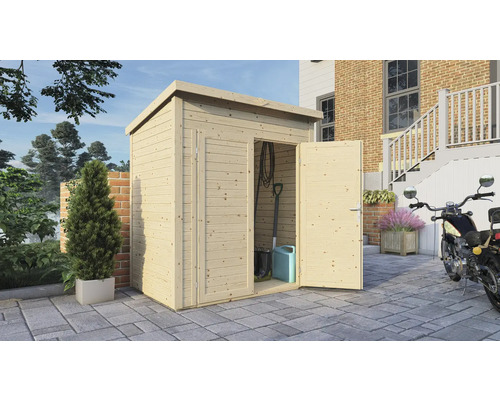 Dulap de grădină din lemn cu ușa deschisă, amplasat în grădină