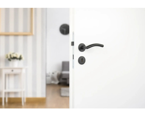 Ușă deschisă cu clanță neagră și vedere spre un living luminos