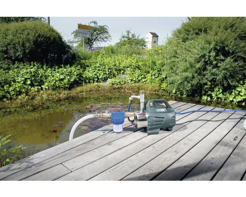 Pompă de grădină Metabo pe un ponton de lemn lângă un iaz în grădină