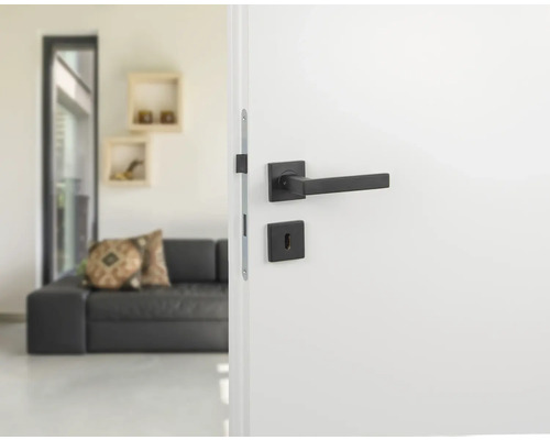 Ușă albă cu mâner negru într-un spațiu de locuit modern