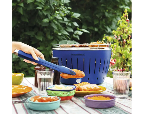 Scenă cu grătar cu o persoană care pune mâncare la grătar pe o farfurie cu clești pentru grătar, cu un grătar Lotus albastru în fundal