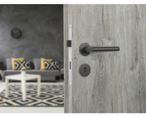 Ușă de lemn cu clanță neagră și set de încuietori în fața unei sufragerii