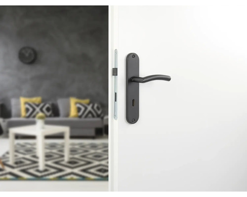 Feronerie de ușă neagră pe o ușă cu un spațiu de locuit în fundal