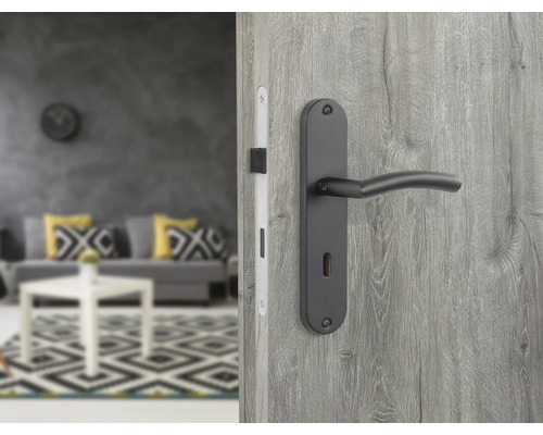 Ușă de interior cu clanță neagră și broască în camera de zi