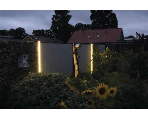 Vedere de grădină cu gard gabion, gard de lemn și iluminare LED decorativă