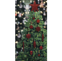 Brad împodobit cu decorațiuni roșii și șir de lumini