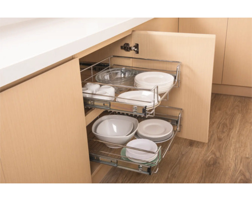 Dulap de bucătărie cu coșuri metalice extractibile pentru depozitarea vaselor