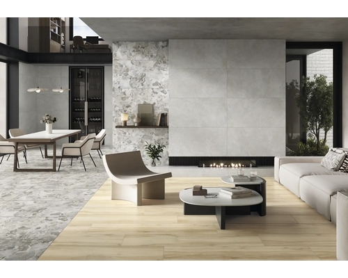 Living modern cu podea cu gresie, masă și șemineu