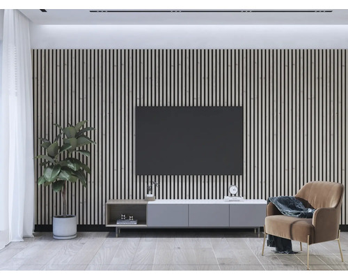 Cameră de zi cu panouri acustice pe perete, televizor, dulap inferior, fotoliu și plantă de apartament pentru o atmosferă modernă