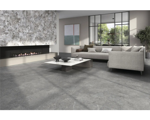 Living cu pardoseală din plăci de piatră, șemineu și canapea gri