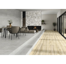 Living cu zonă de luat masa, șemineu și podea din lemn