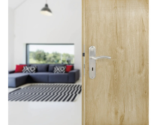 Ușă din lemn cu mâner într-un living modern