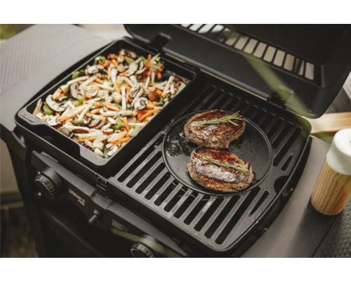 Grătar cu gaz cu tigaie de legume și două fripturi pe grătar