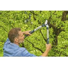 Un bărbat taie ramuri de copac cu o foarfecă de grădinărit Gardena.
