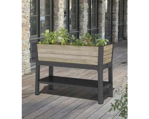 Jardinieră înaltă din lemn și plastic, cu spațiu de depozitare pentru exterior