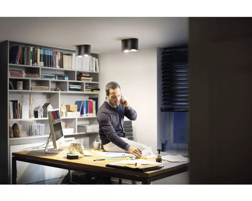 Scenă de birou cu un bărbat la birou, bibliotecă și lămpi de tavan