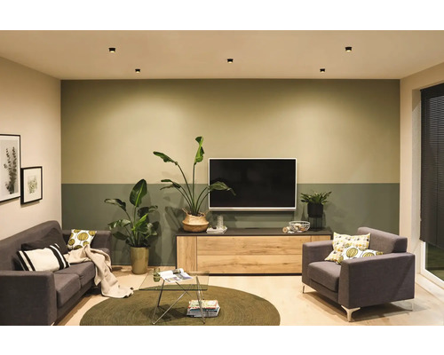 Living cu canapea, fotoliu, televizor și spoturi de tavan