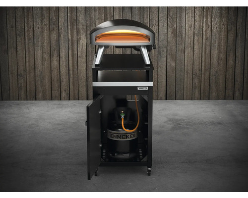 Cuptor pe gaz pentru pizza Tenneker pe cărucior cu ușa deschisă