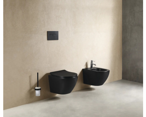 Toaletă suspendată și bideu într-o baie cu panou de control al rezervorului