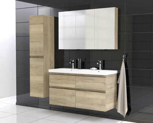 Set de baie cu dulap de bază pentru lavoar, dulap cu oglindă și dulap înalt cu aspect de lemn