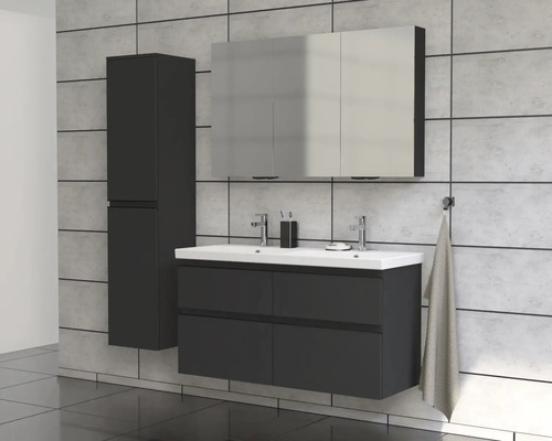 Set de baie modern cu lavoar, dulap cu oglindă și dulap înalt în fața unui perete gri