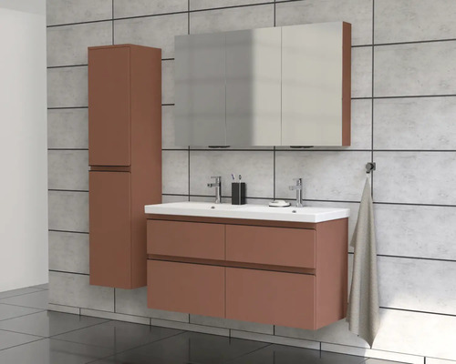 Set de baie modern cu dulap de lavoar, dulap cu oglindă și dulap înalt