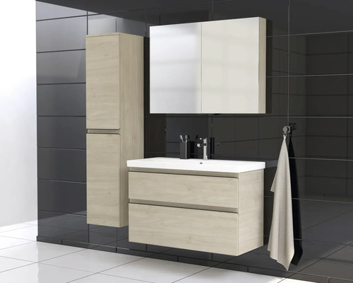 Set de baie modern cu dulap de bază pentru lavoar, dulap cu oglindă și dulap înalt