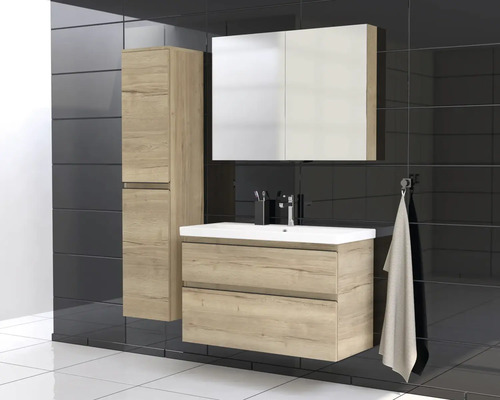 Set de baie cu lavoar, dulap cu oglindă și dulap înalt cu design modern