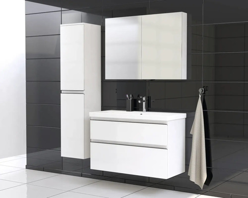 Baie cu dulap de bază pentru lavoar, dulap cu oglindă și dulap înalt