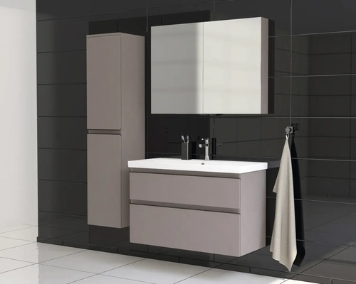 Set de baie cu dulap de bază pentru lavoar, dulap înalt și dulap cu oglindă