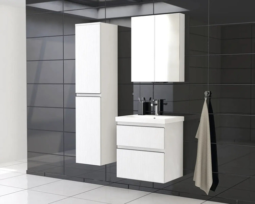 Baie cu dulap înalt, dulap cu oglindă, dulap de bază pentru chiuvetă și chiuvetă