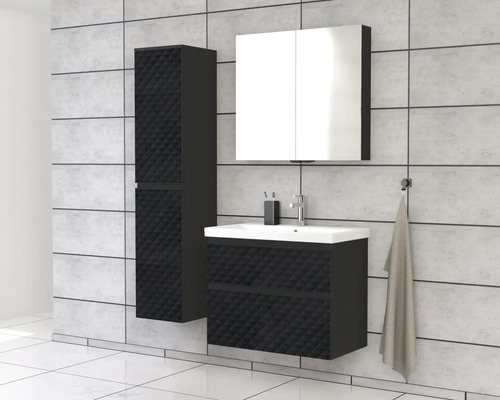 Set de baie modern cu dulap de lavoar, dulap cu oglindă și dulap înalt