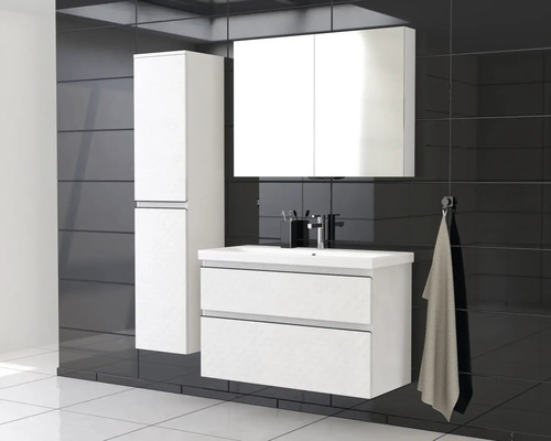 Baie cu dulap inferior pentru lavoar, lavoar, dulap cu oglindă și dulap înalt