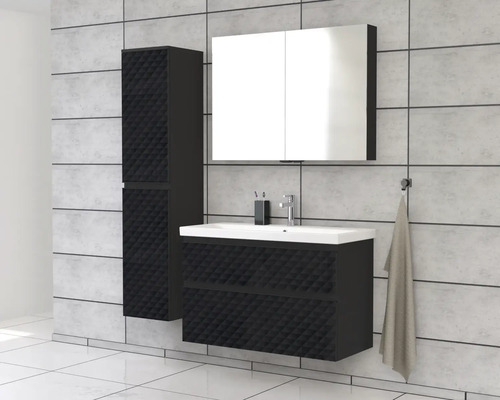 Set modern de baie cu lavoar, dulap cu oglindă și dulap înalt cu aspect întunecat