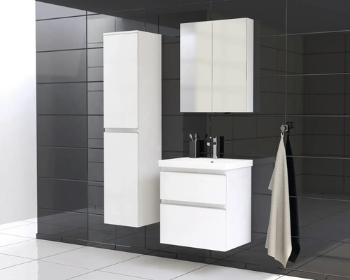 Baie cu dulap de bază pentru lavoar, dulap cu oglindă și dulap înalt