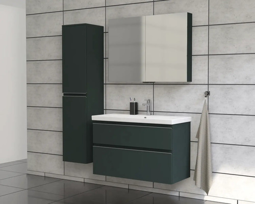 Baie cu lavoar, dulap cu oglindă și dulap înalt