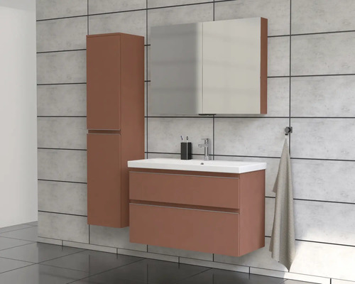 Baie cu lavoar, dulap cu oglindă și dulap înalt pe perete