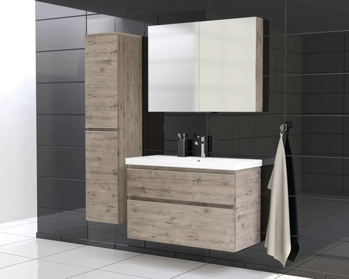 Baie cu dulap inferior pentru lavoar, dulap cu oglindă și dulap înalt cu aspect de lemn