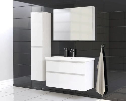 Set de baie cu dulap de bază pentru lavoar, dulap cu oglindă și dulap înalt