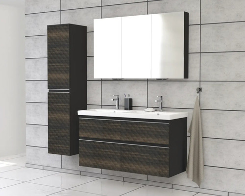 Set de baie modern cu dulap sub lavoar, dulap cu oglindă și dulap înalt.