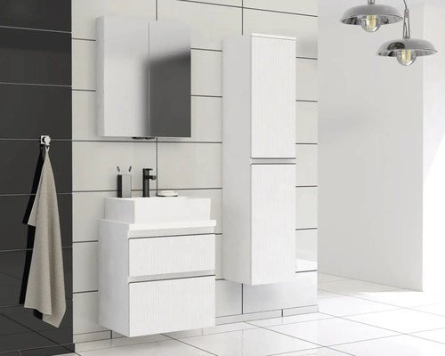 Baie cu dulap de bază pentru lavoar, dulap cu oglindă și dulap înalt