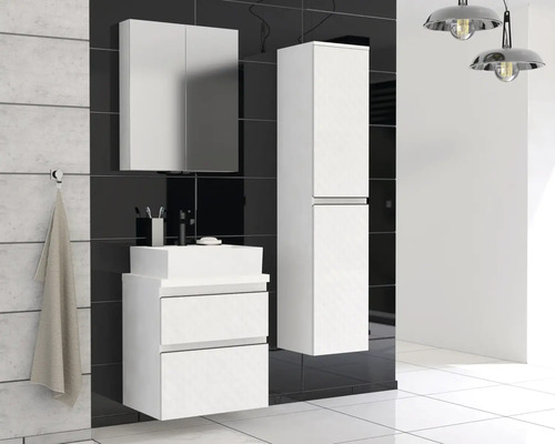 Baie cu dulap de bază pentru lavoar, dulap cu oglindă și dulap înalt